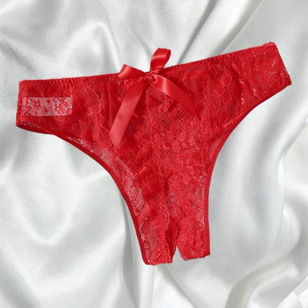 Red Lace Satin Bow Thong Panty - Women Intimates